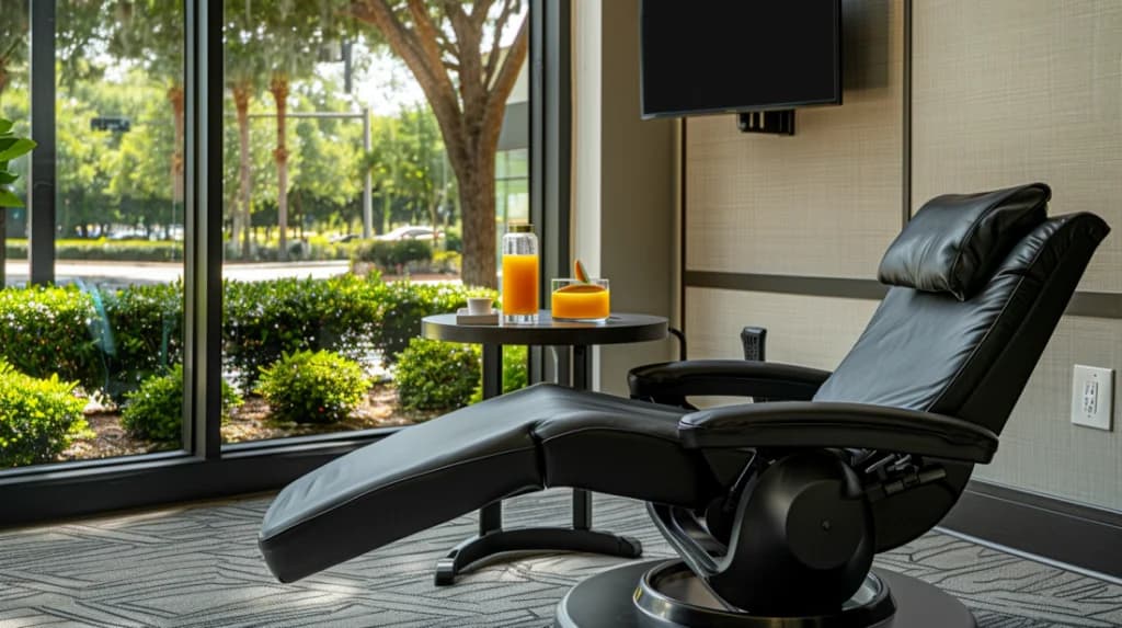 A private infusion room at Prime Infusions: a single reclining chair beside a window, with a side table and a wall-mounted television.
